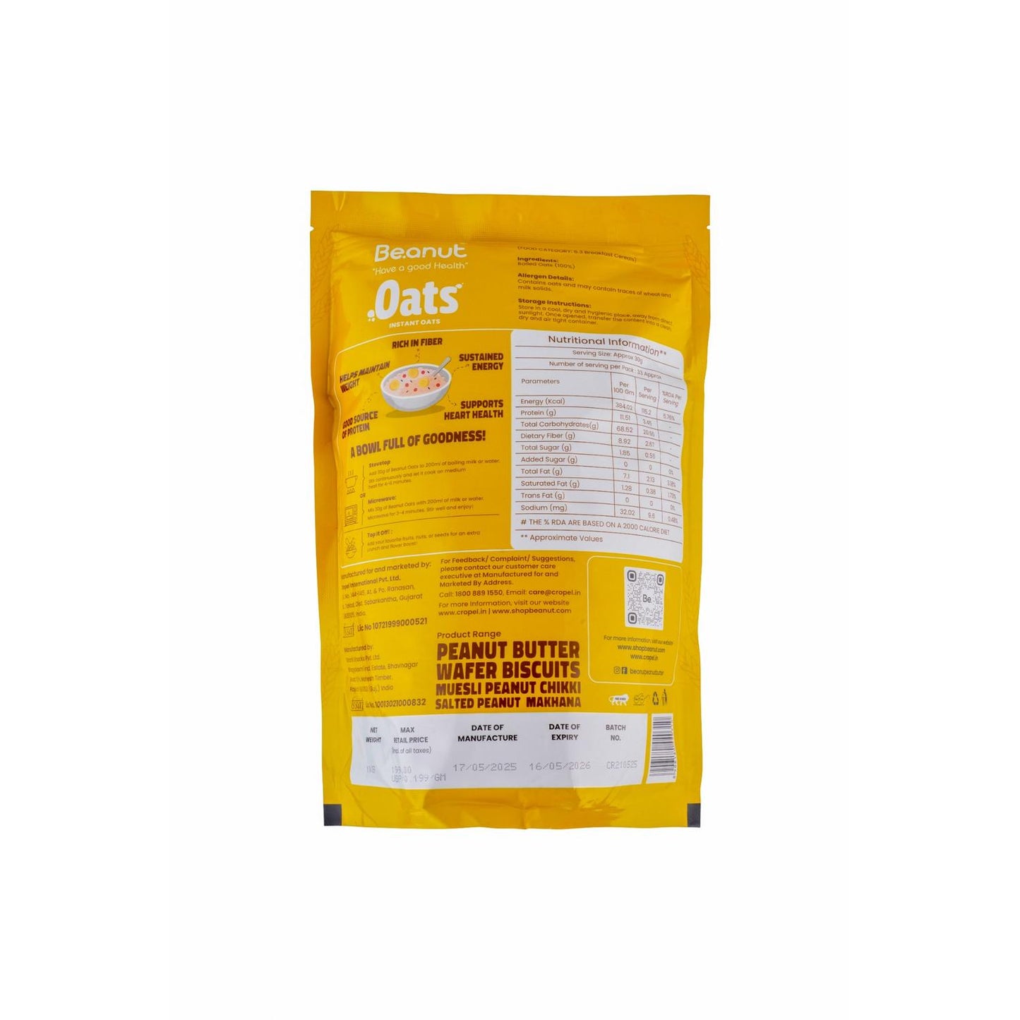 Beanut Instant Oats 1kg | High in Fibre & Protein | Whole Grain Breakfast Cereal | Supports Heart Health