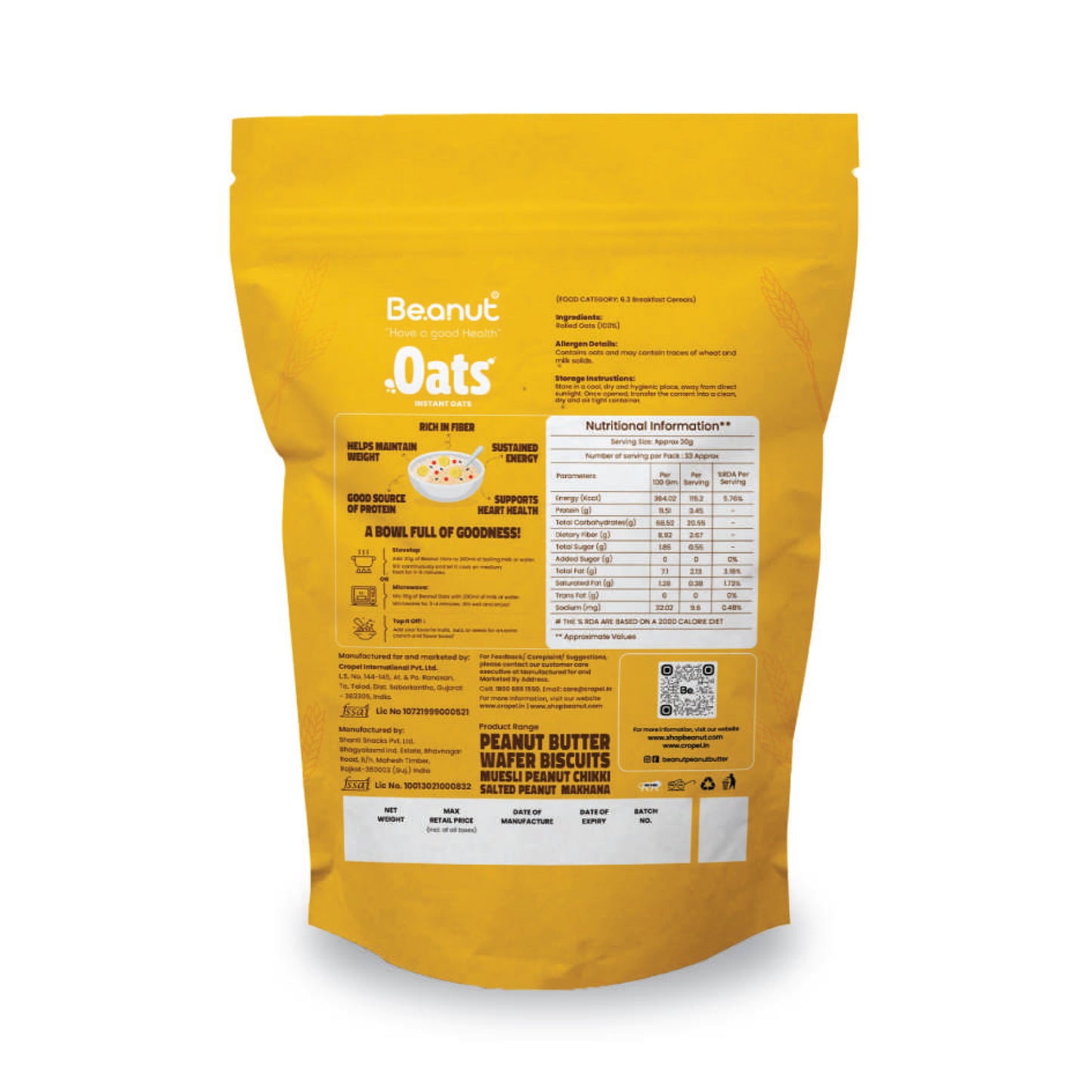 Beanut Instant Oats 1kg | High in Fibre & Protein | Whole Grain Breakfast Cereal | Supports Heart Health